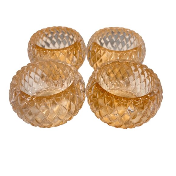 Vtg Diamond Cut Glass Candle Holders Tea Light Votive Peach Amber Patent HR - Picture 3 of 9